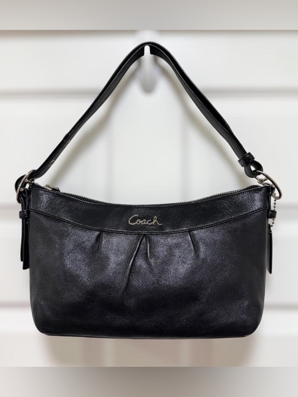 Coach Black Leather Shoulder Hobo Bag with Pleat Detail